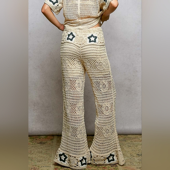 POL High-Rise Star Patchwork Openwork Granny Crochet Flare Leg Retro 70’s Pants - Picture 2 of 16